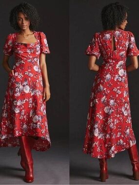 Anthropologie Red Floral High-Low Midi Dress